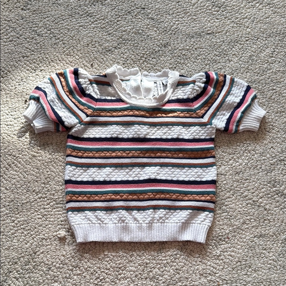 Janie and Jack White Striped Knit Sweater with Pink, Teal, Rust and Navy